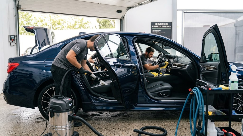 Profissionais executando a limpeza interna de um automóvel