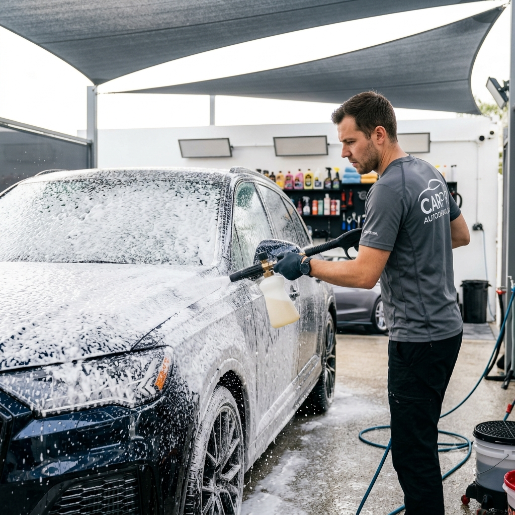 Lavagem externa de automóvel com espuma