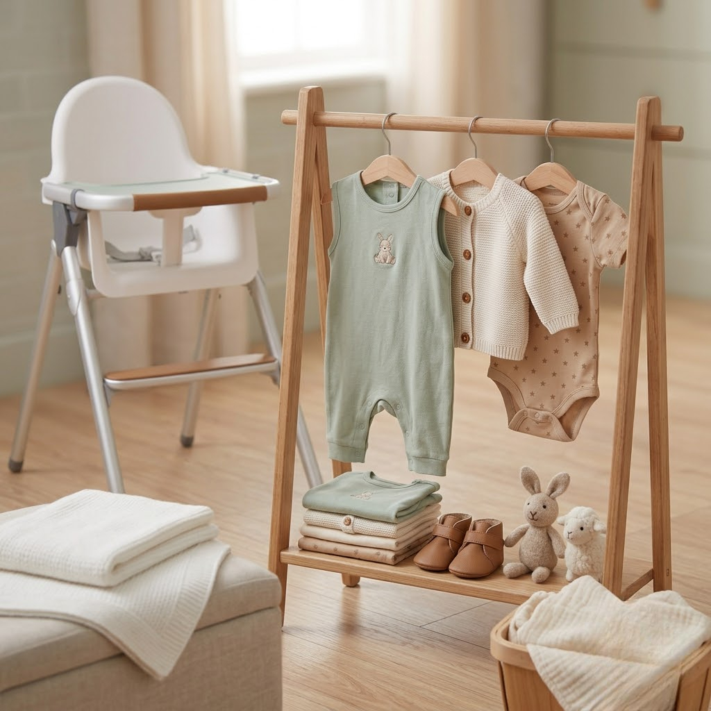 Roupas e acessórios infantis em quarto de bebê