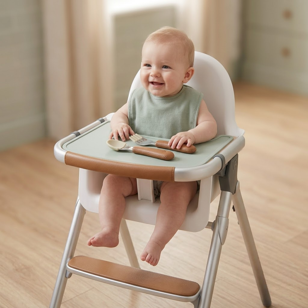 Bebê sentado em cadeira para alimentação infantil
