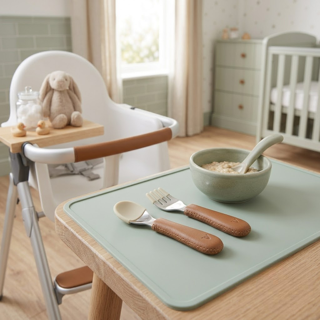 Utensílios para alimentação infantil sobre mesa