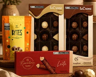 Produtos Cacau Show com chocolates laCreme e Bytes