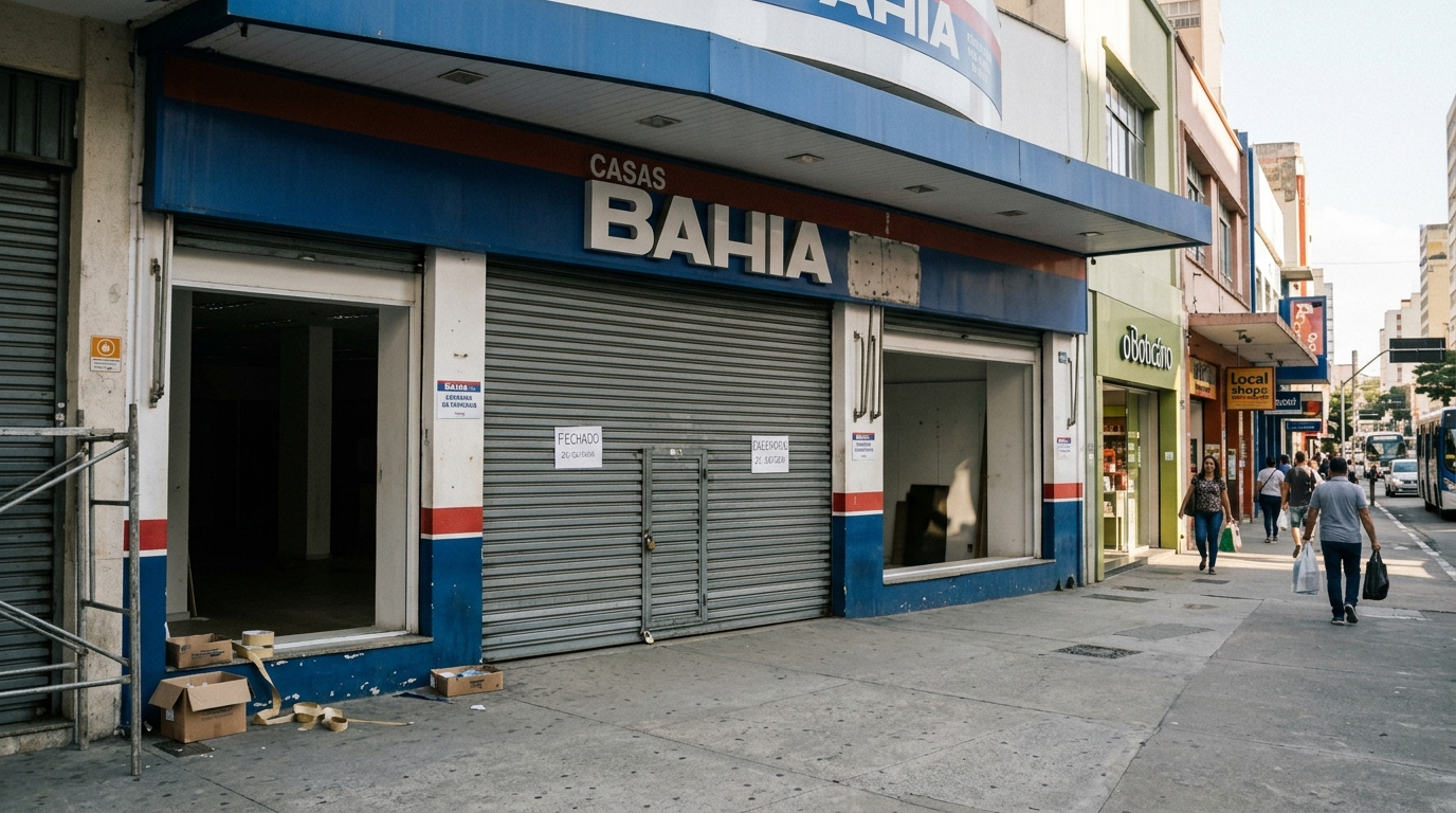 Fachada de uma loja Casas Bahia fechada em uma rua comercial