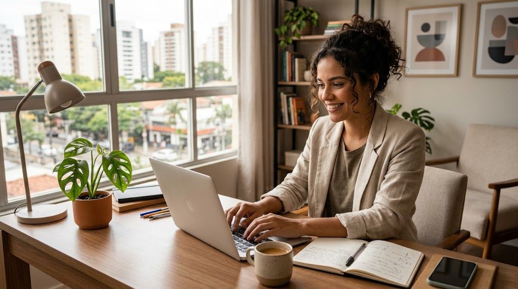 Profissional autônoma trabalhando no notebook em seu escritório
