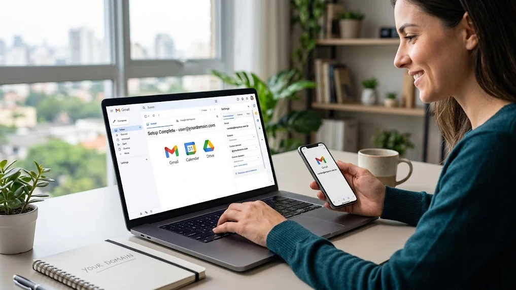 Empreendedora configurando um e-mail com domínio próprio no Gmail pelo Google Workspace