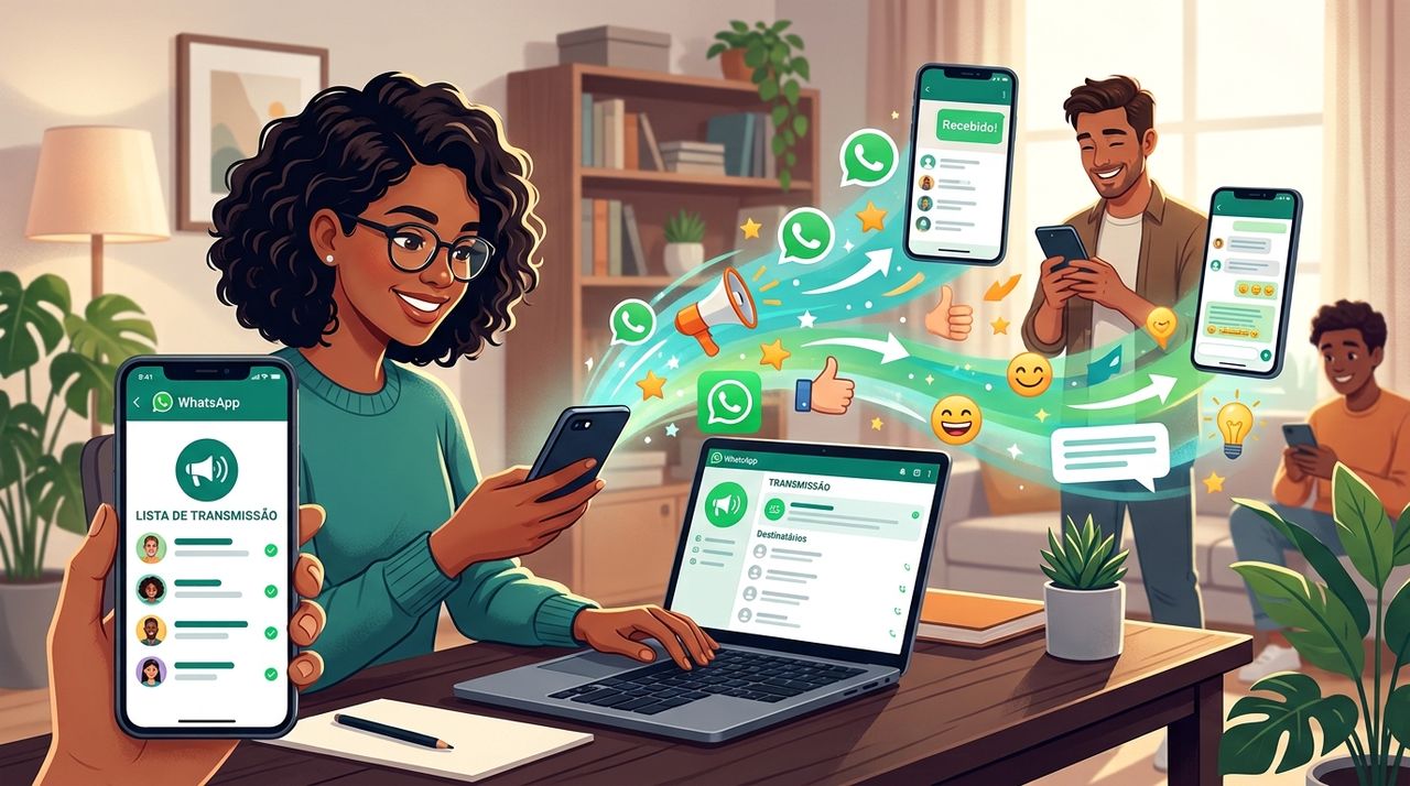Empreendedora organizando uma lista de transmissão no WhatsApp