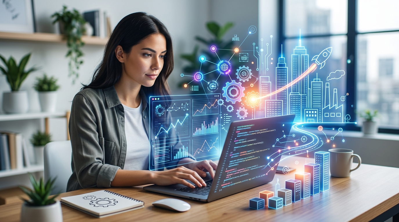Empreendedora usando inteligência artificial para pesquisar e estruturar um novo negócio