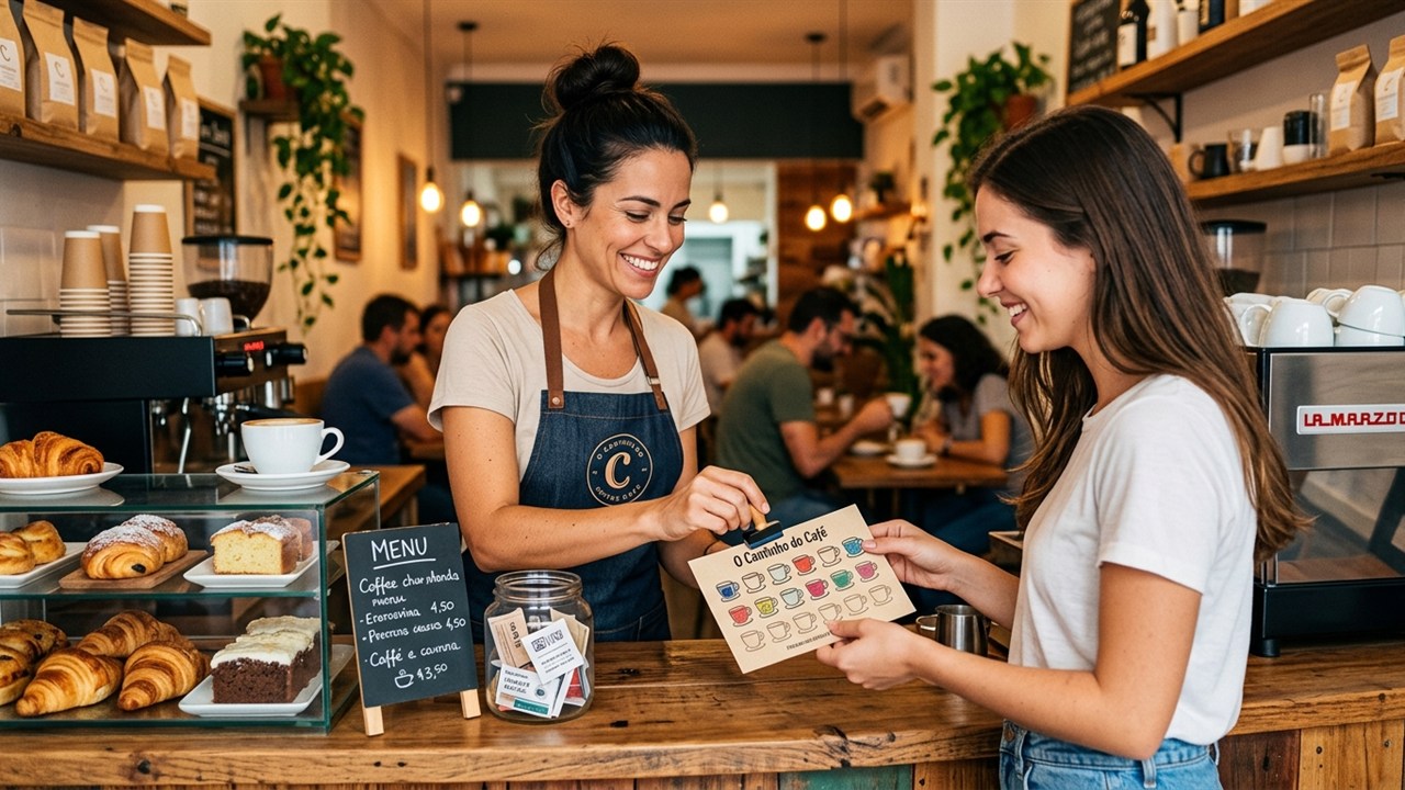 Atendente de cafeteria carimbando um cartão de fidelidade para uma cliente