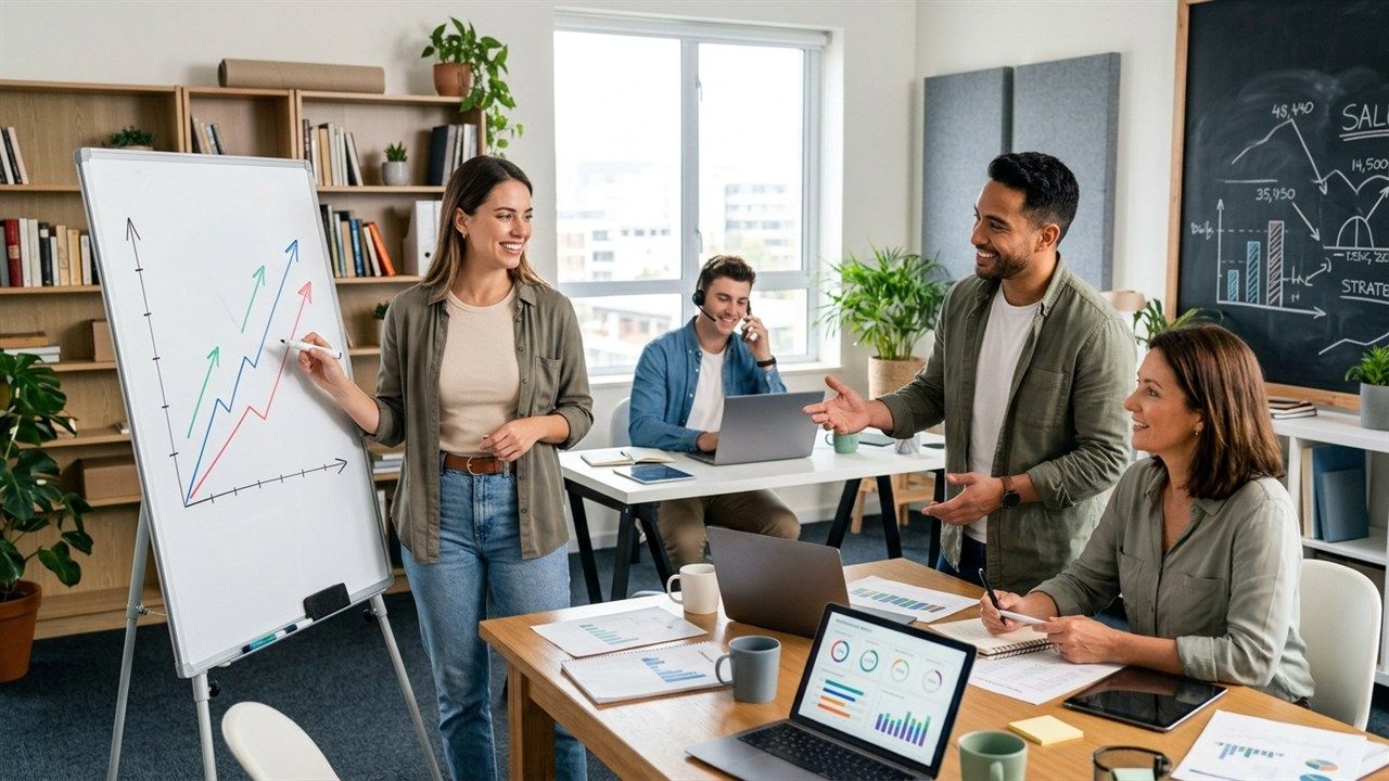 Equipe de vendas reunida para analisar metas e resultados comerciais