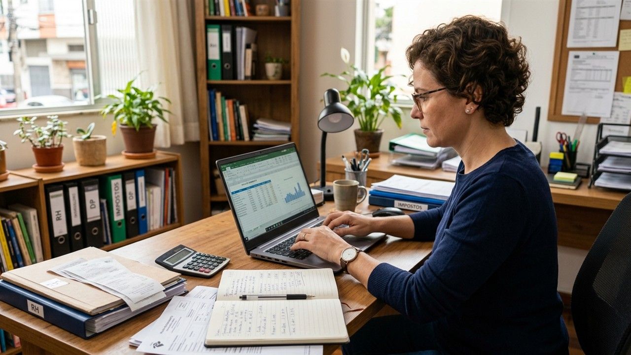 Gestora de pequena empresa conferindo a folha de pagamento
