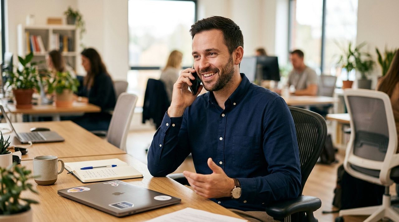 Profissional conversando com um cliente por telefone em um escritório
