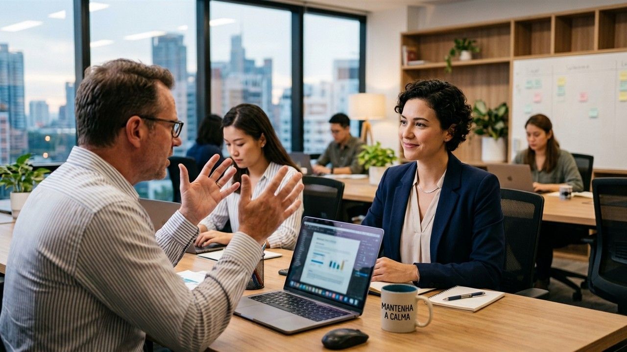Profissional conduzindo com calma uma conversa difícil com um cliente