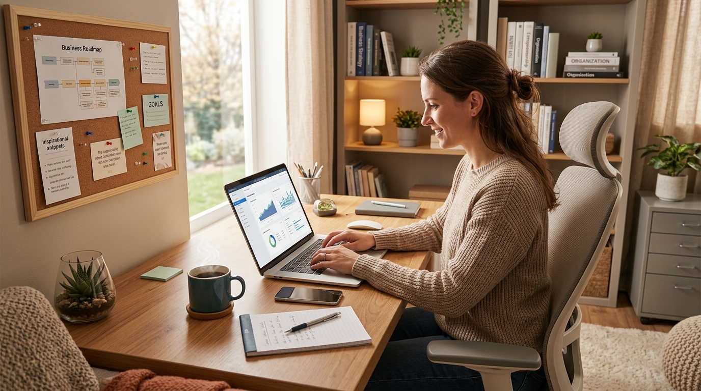 Empreendedora organizando um negócio próprio em seu escritório em casa