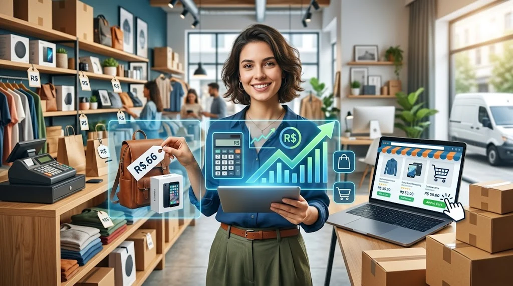 Empreendedora calculando preços de produtos em uma loja física integrada ao e-commerce