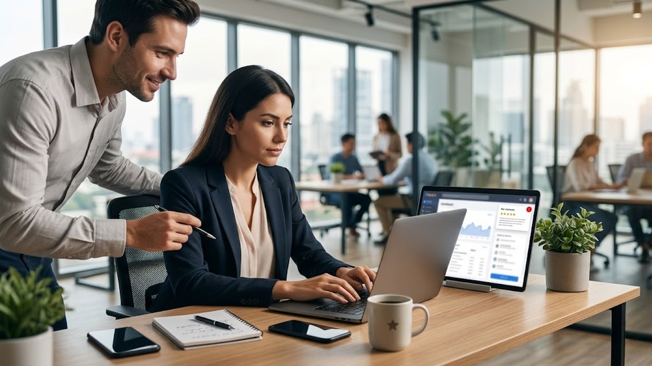 Dois profissionais analisando as avaliações da empresa em um notebook em um escritório moderno