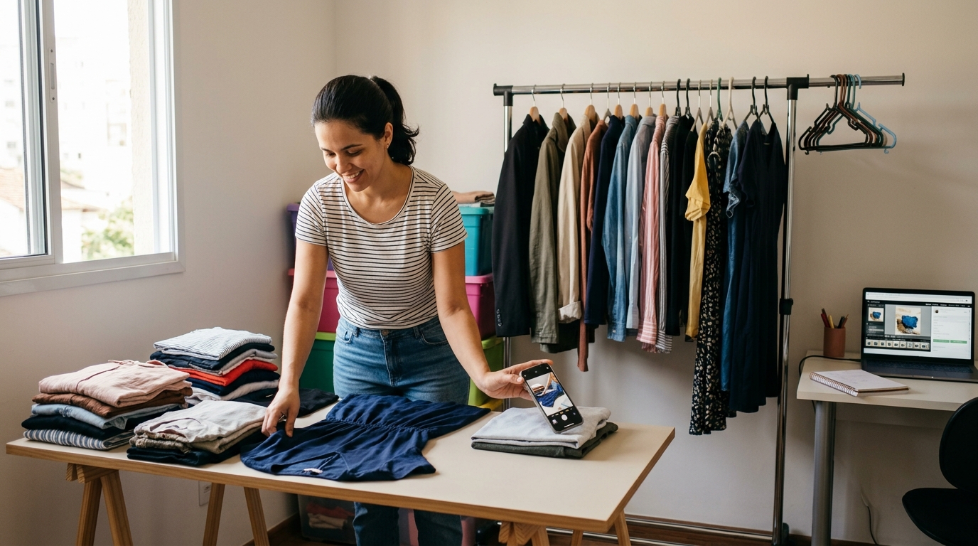 Empreendedora fotografando roupas para vender pela internet em uma pequena operação doméstica
