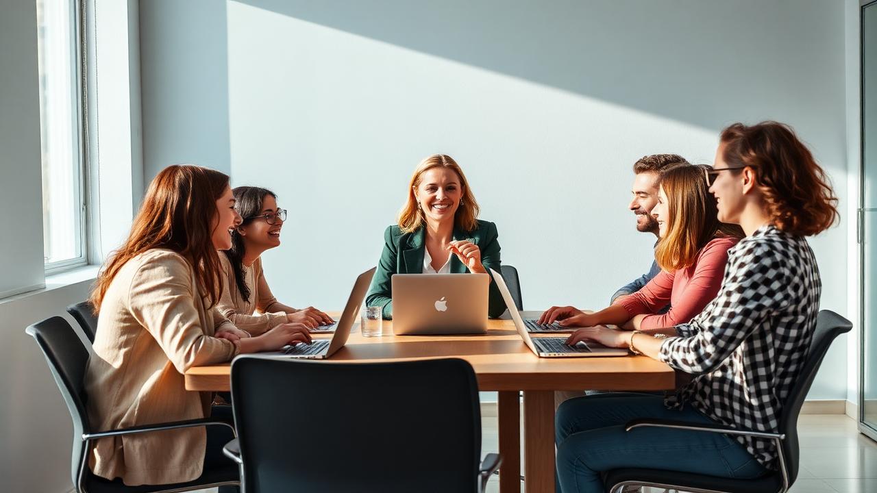 Líder brasileira em reunião colaborativa com sua equipe em um escritório iluminado