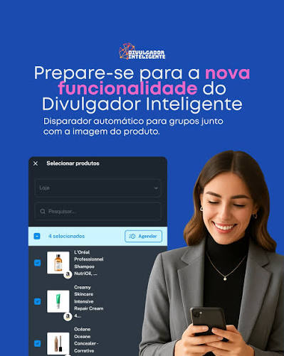 Arte do Divulgador Inteligente anunciando o disparador automático para grupos com a imagem do produto