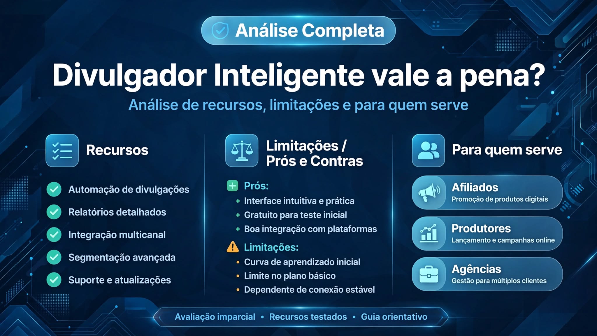 Arte com o título Divulgador Inteligente vale a pena? e os blocos de Recursos, Limitações e Para quem serve