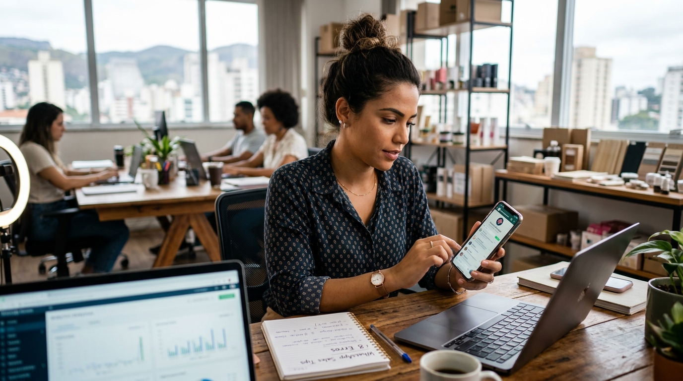 Empreendedora atendendo clientes pelo WhatsApp em um pequeno negócio