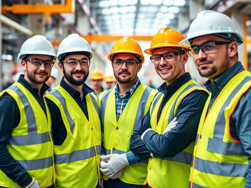 Equipe de trabalhadores com EPI: capacetes, óculos e coletes refletivos