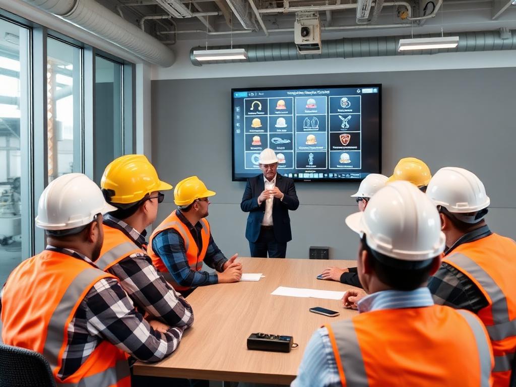 Treinamento de segurança do trabalho com profissionais usando capacete e colete