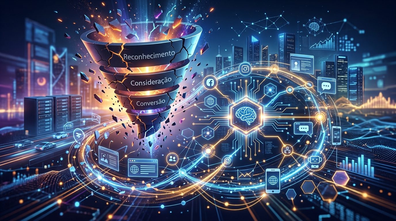 Funil de vendas fragmentado ao lado de uma rede de inteligência artificial e canais digitais