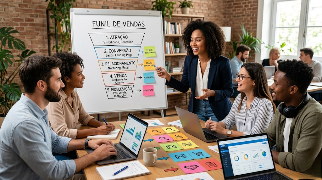 Equipe de uma pequena empresa estruturando as cinco etapas de um funil de vendas