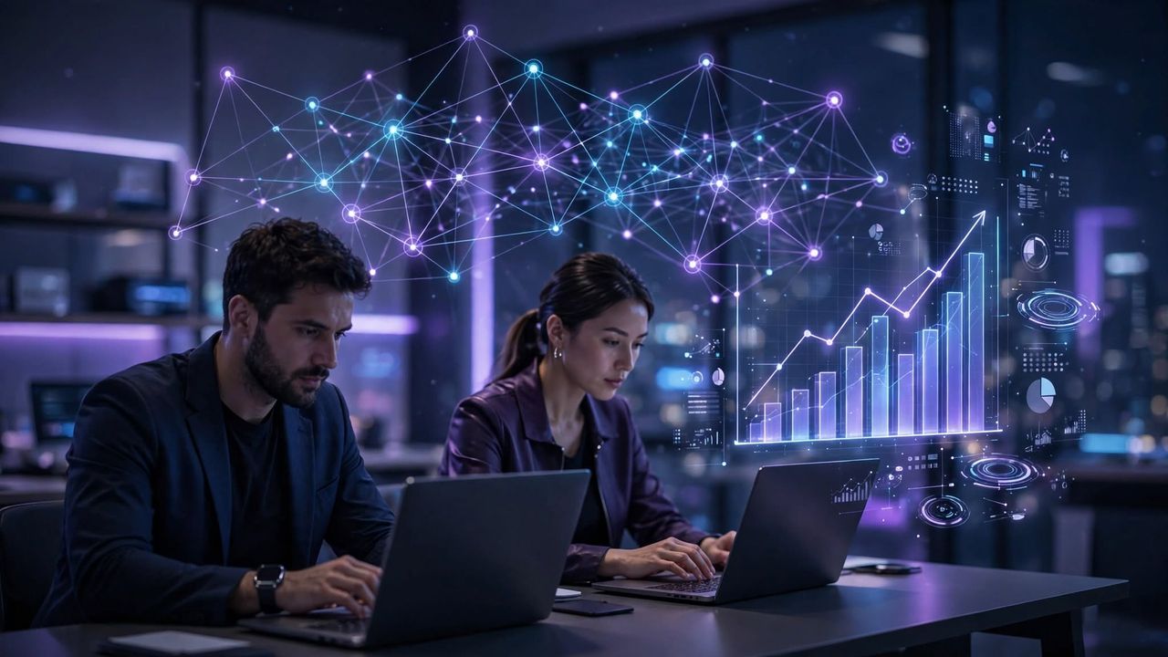 Profissionais analisando uma rede de inteligência artificial e gráficos de crescimento