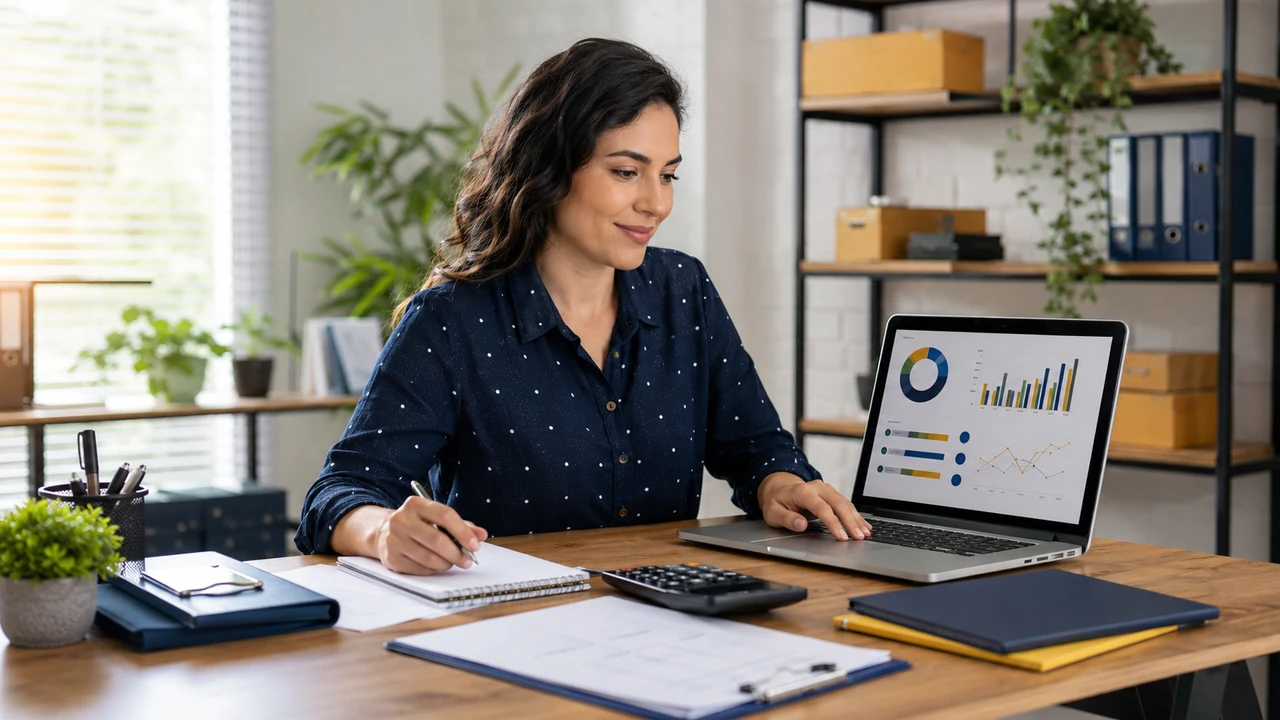 Empreendedora organizando as finanças e analisando indicadores da pequena empresa