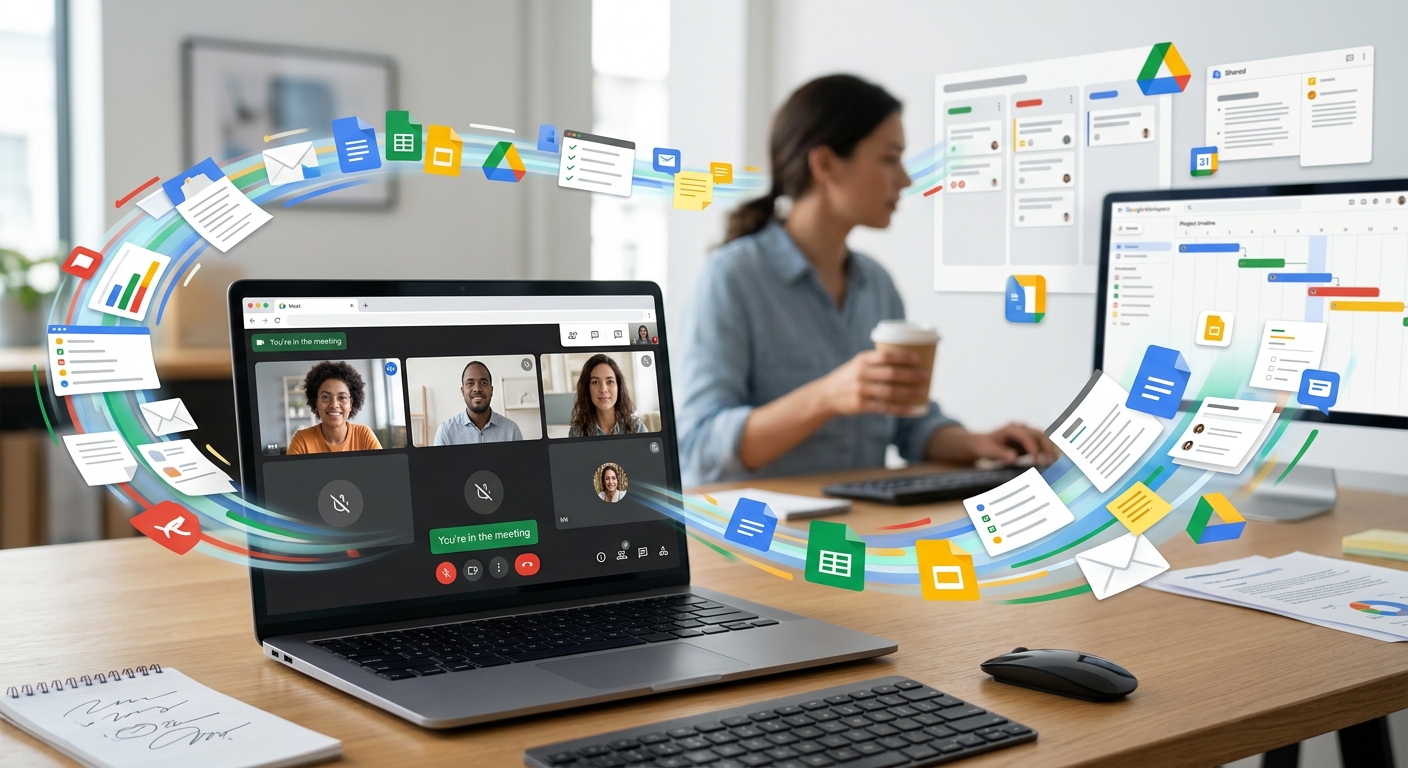 Google Meet integrado ao Google Workspace em uma rotina de trabalho empresarial