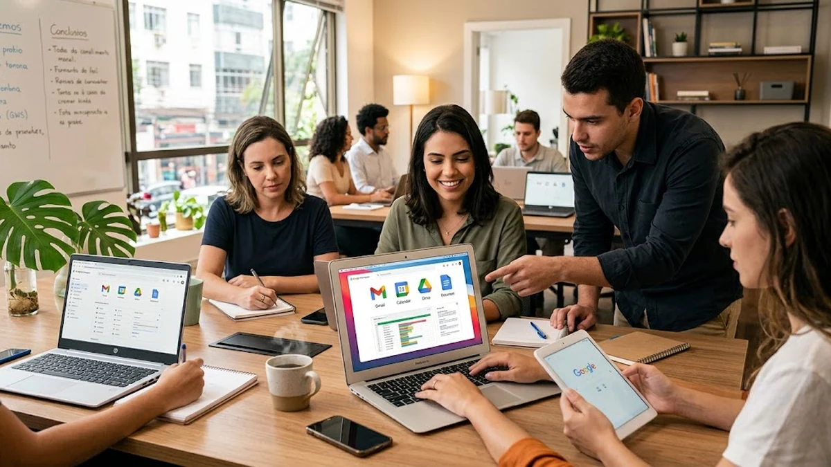 Equipe de pequena empresa utilizando Gmail, Drive, Agenda e outros aplicativos do Google Workspace