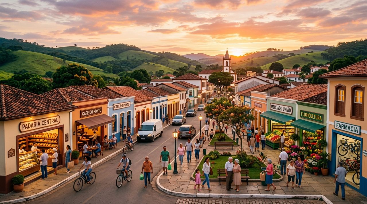 Centro comercial de uma cidade pequena com padaria, café, mercado, floricultura e farmácia