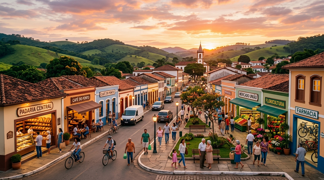 Centro comercial de uma cidade pequena com padaria, café, mercado, floricultura e farmácia