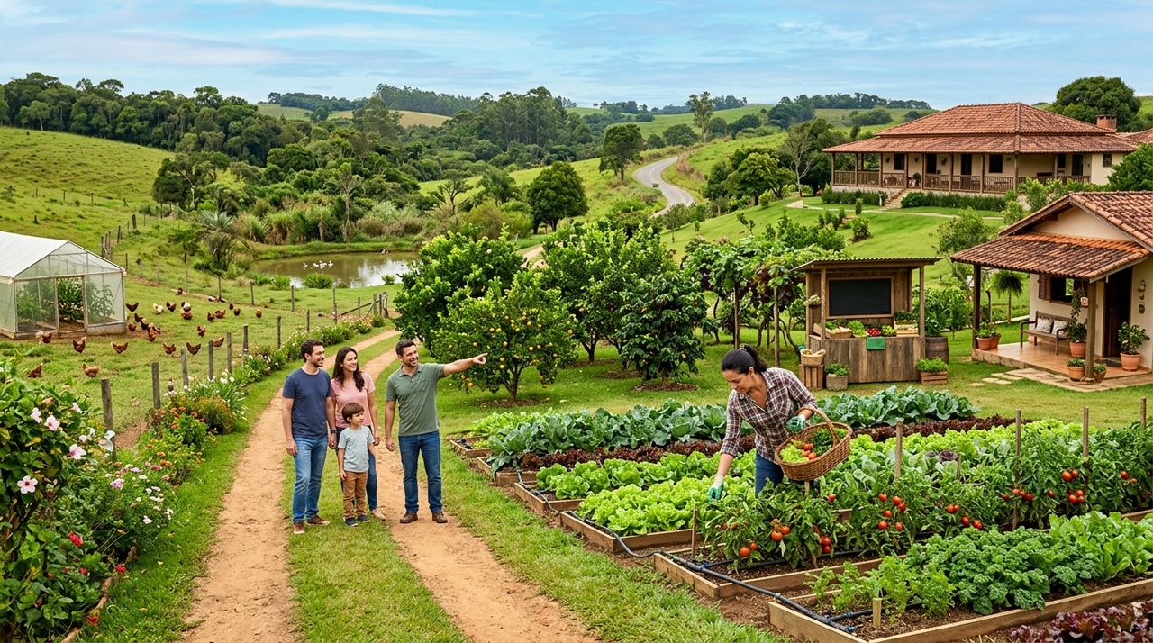 Chácara produtiva com horta, pomar, criação de aves e visitantes em uma propriedade rural