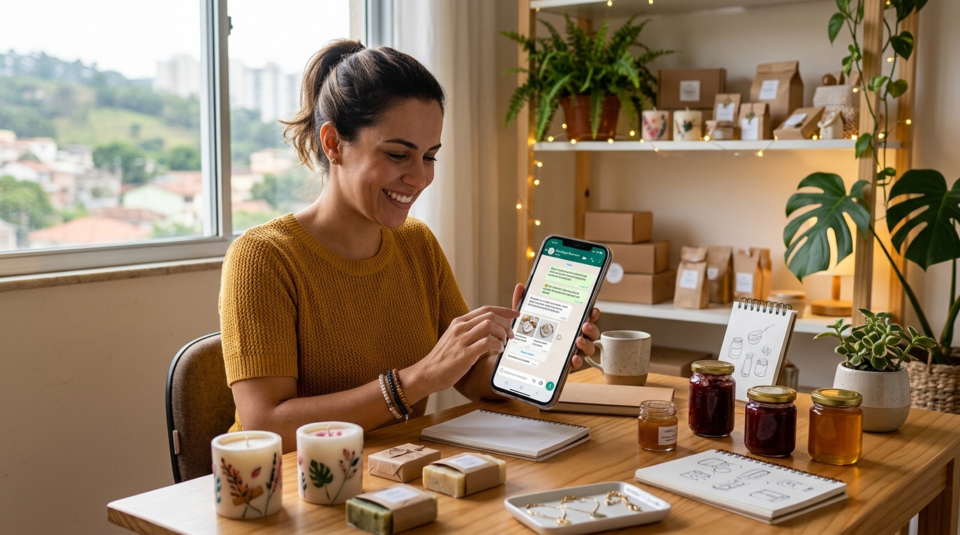 Empreendedora apresentando produtos artesanais pelo WhatsApp Business