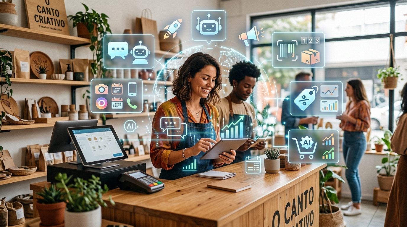 Empreendedora usando inteligência artificial na rotina de uma pequena loja