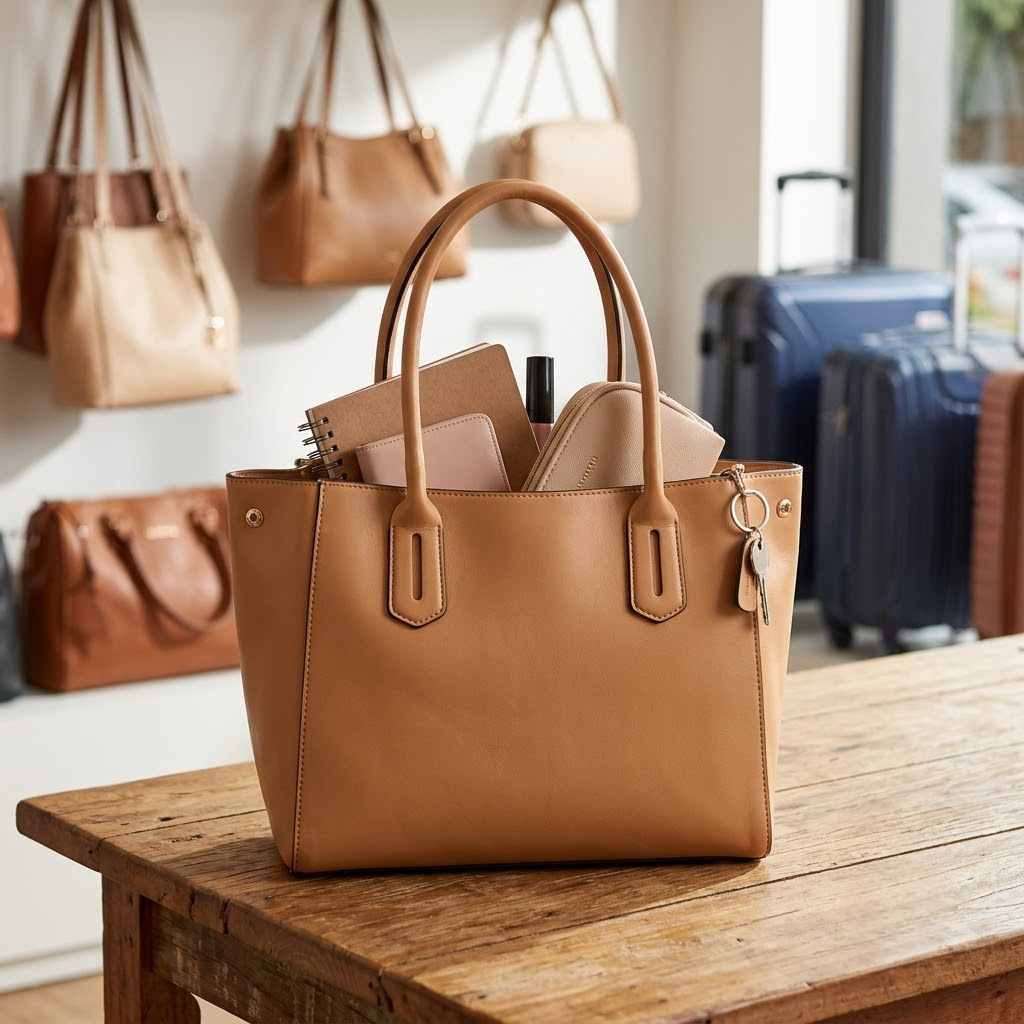 Bolsa feminina com acessórios e malas ao fundo