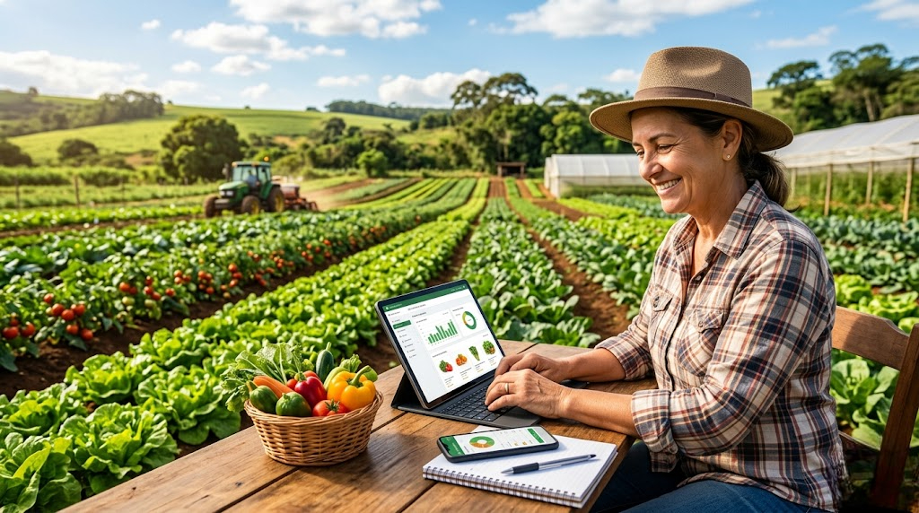 Produtora rural utilizando tecnologia digital para administrar e comercializar sua produção