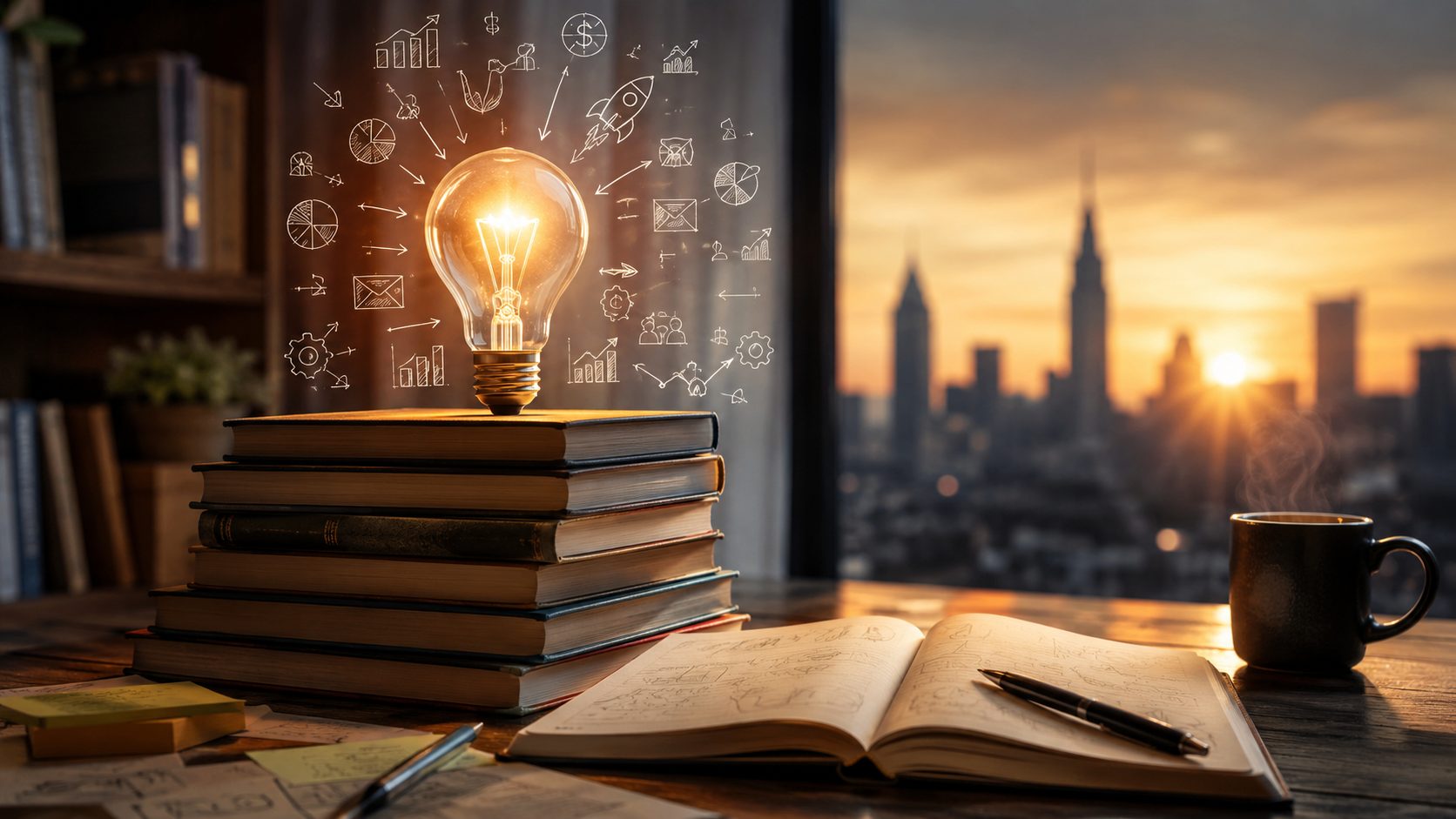 Livros sobre empreendedorismo com uma lâmpada acesa representando ideias de negócio