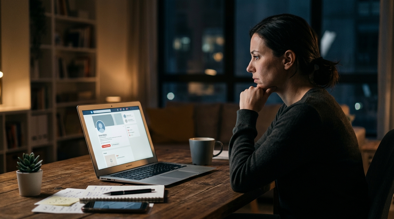 Empresária preocupada analisando o perfil digital do próprio negócio em um notebook