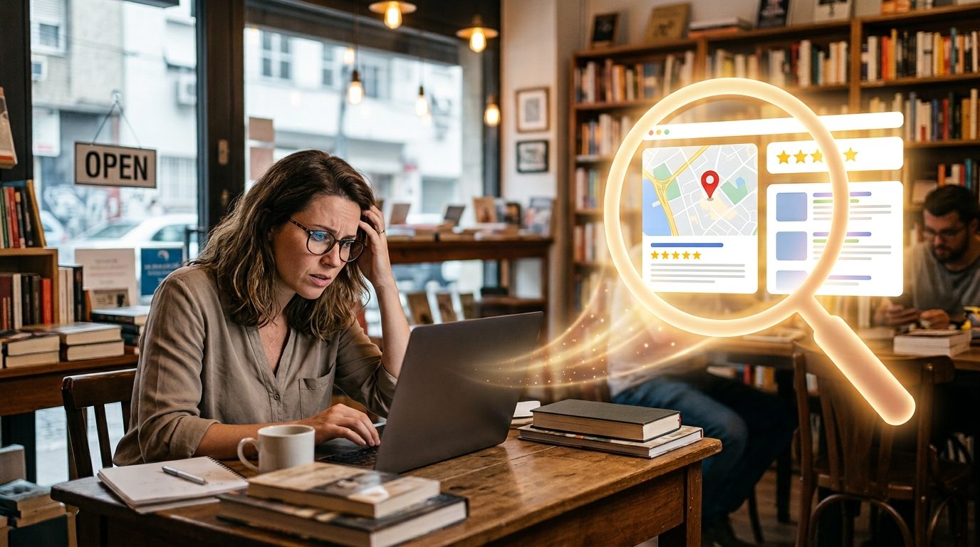 Empresária procurando no Google por sua empresa local sem encontrá-la nos resultados