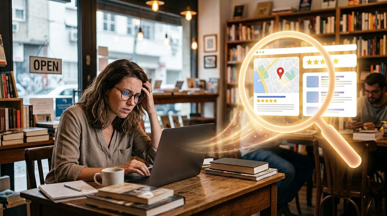 Empresária procurando no Google por sua empresa local sem encontrá-la nos resultados