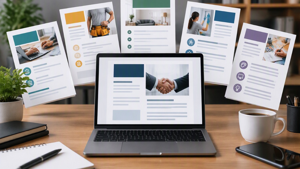 Profissional diante de uma pilha de propostas comerciais impressas, com notebook e tablet exibindo documentos e gráficos