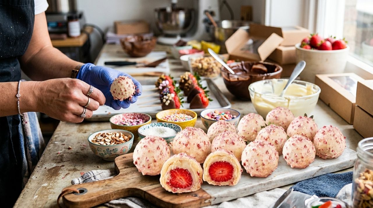 Confeiteira preparando morangos cravejados para venda