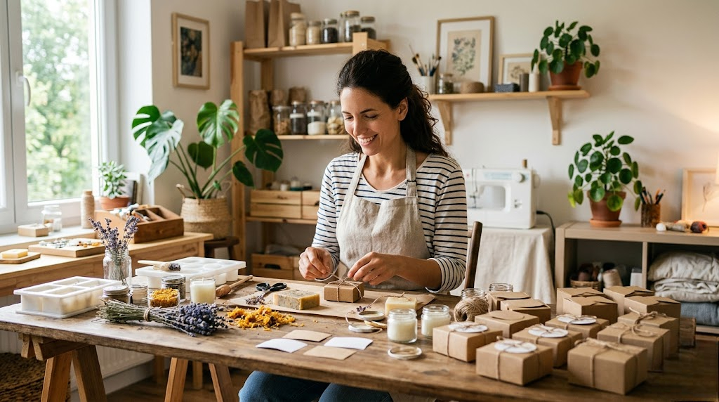 Empreendedora produzindo e embalando produtos artesanais em um pequeno negócio doméstico