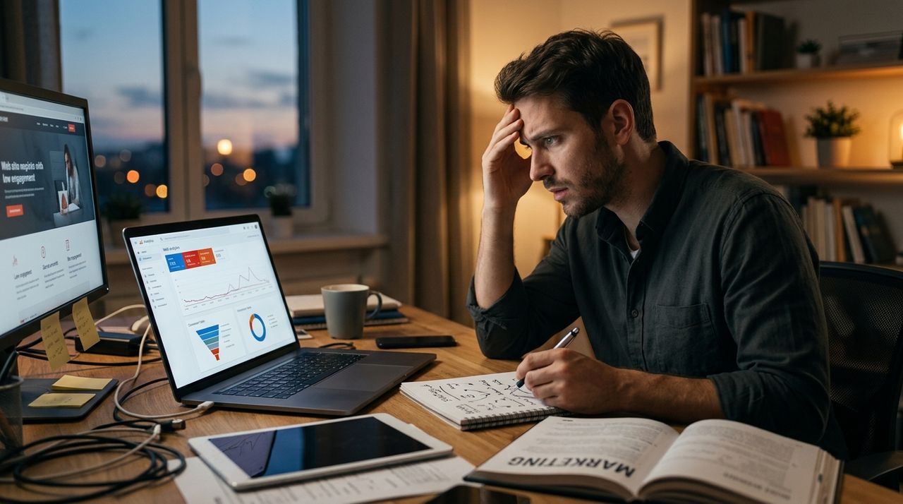 Pequeno empresário analisando por que não consegue clientes pela internet