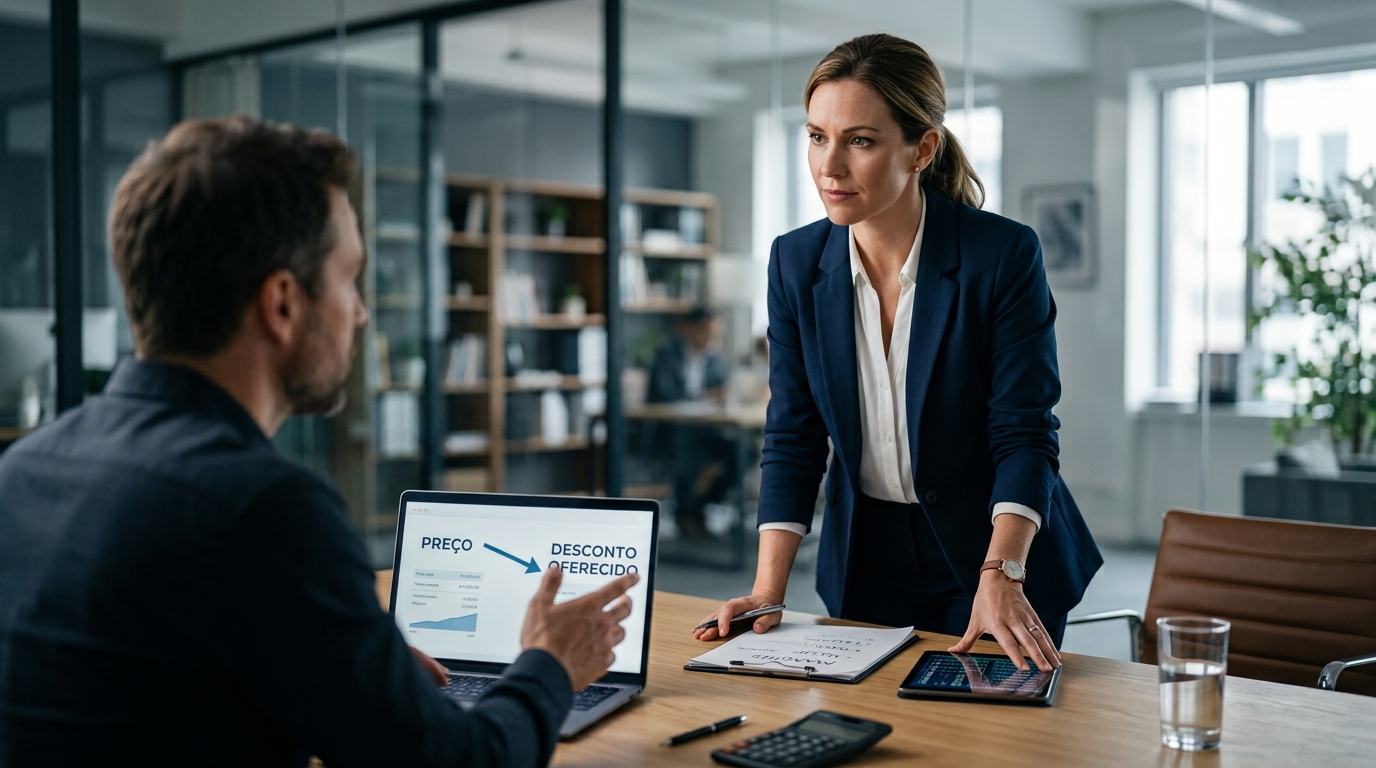 Empresária negociando preço e condições comerciais com um cliente