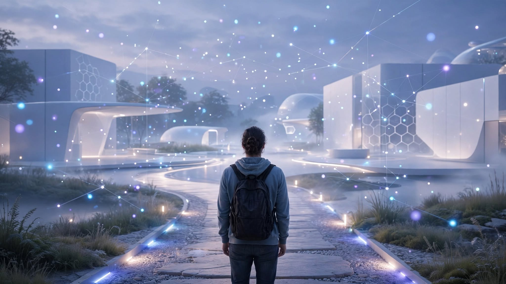 Pessoa diante de caminhos em um ambiente futurista que representa os primeiros passos com inteligência artificial