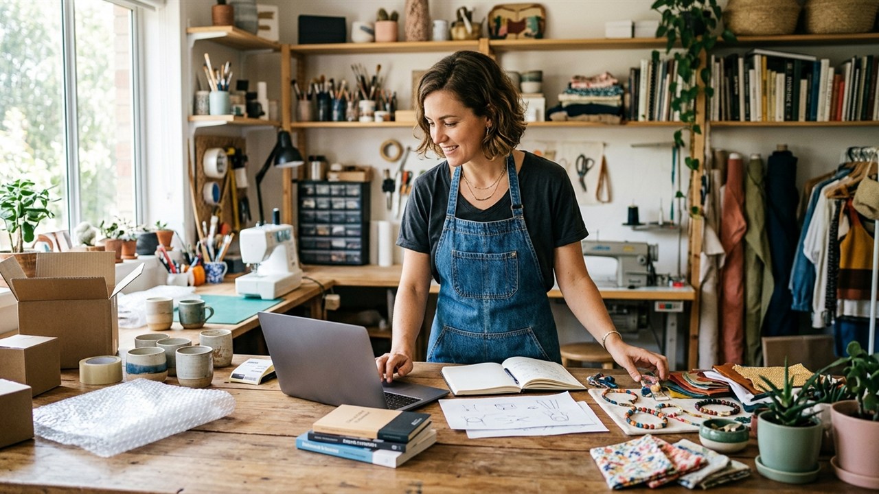 Empreendedora organizando diferentes produtos e fontes de receita em seu ateliê
